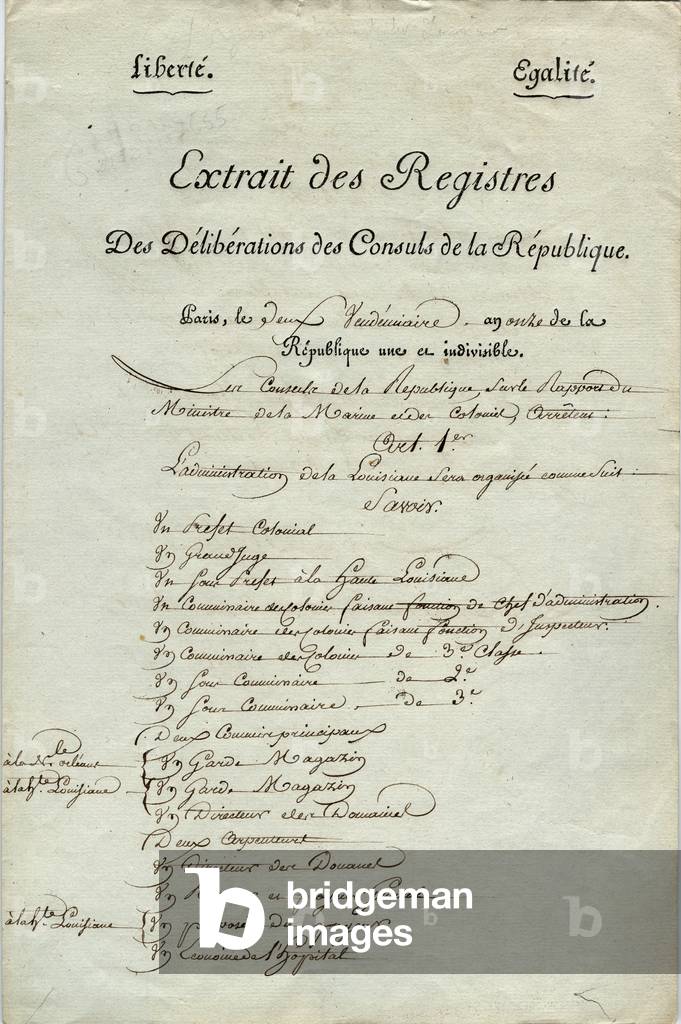 Extract from the register of deliberations of the consuls of the republic, Paris, outlining the administrative organization of Louisiana, 24th September 1802 (pen & ink on paper)