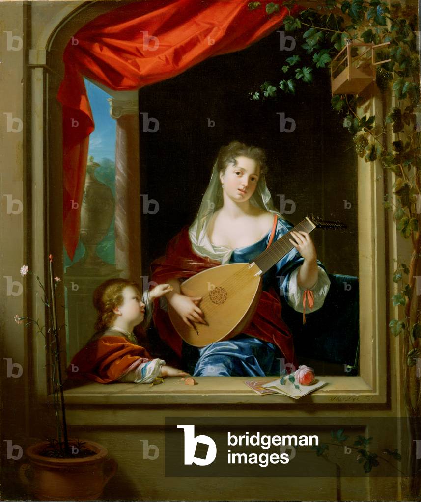 Elegante signora che suona il liuto alla finestra (pannello)