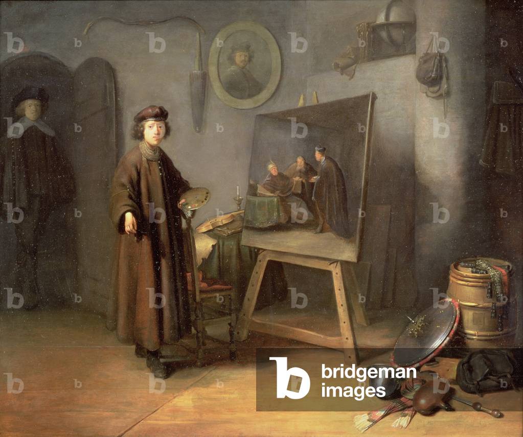 Immagine di Dipinto "Un pittore nel suo studio (pannello)", 17th Secolo di Gerrit or Gerard Dou, b/w