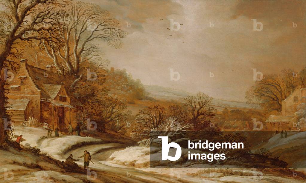 "Paesaggio invernale con cottage", C17th Secolo di Pieter van Santvoort, b/w