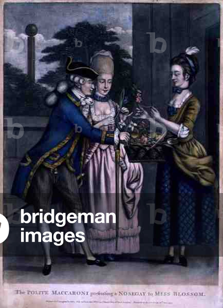 The Polite Maccaroni Presenting a Nosegay to Miss Blossom, pub. by Carington Bowles (fl.1744-93), 1772 (mezzotint engraving)