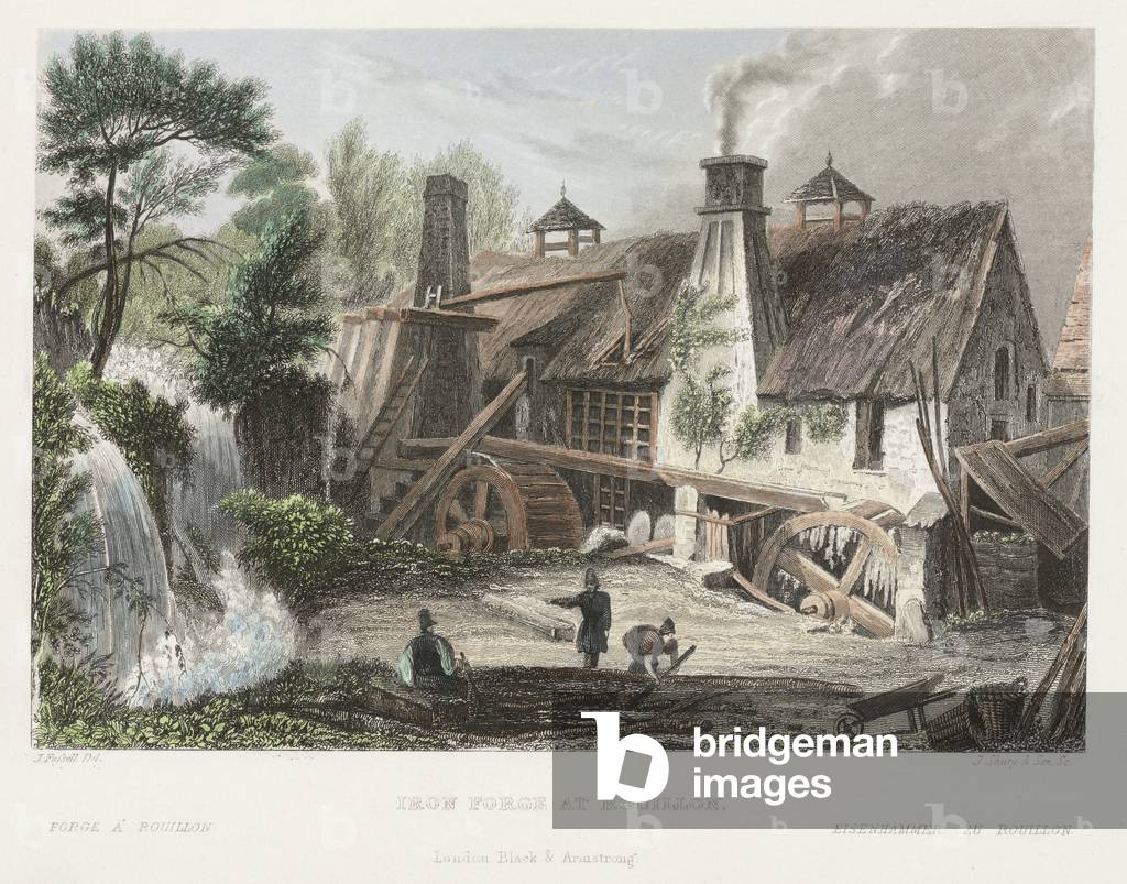 Forgia di ferro a Rouillon, incisa da J. Shury (incisione colorata)