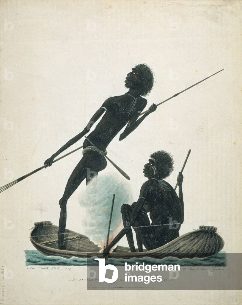 "Eingeborene beim Fischen in einem Rindenkanu", 1819 von T.R. Browne