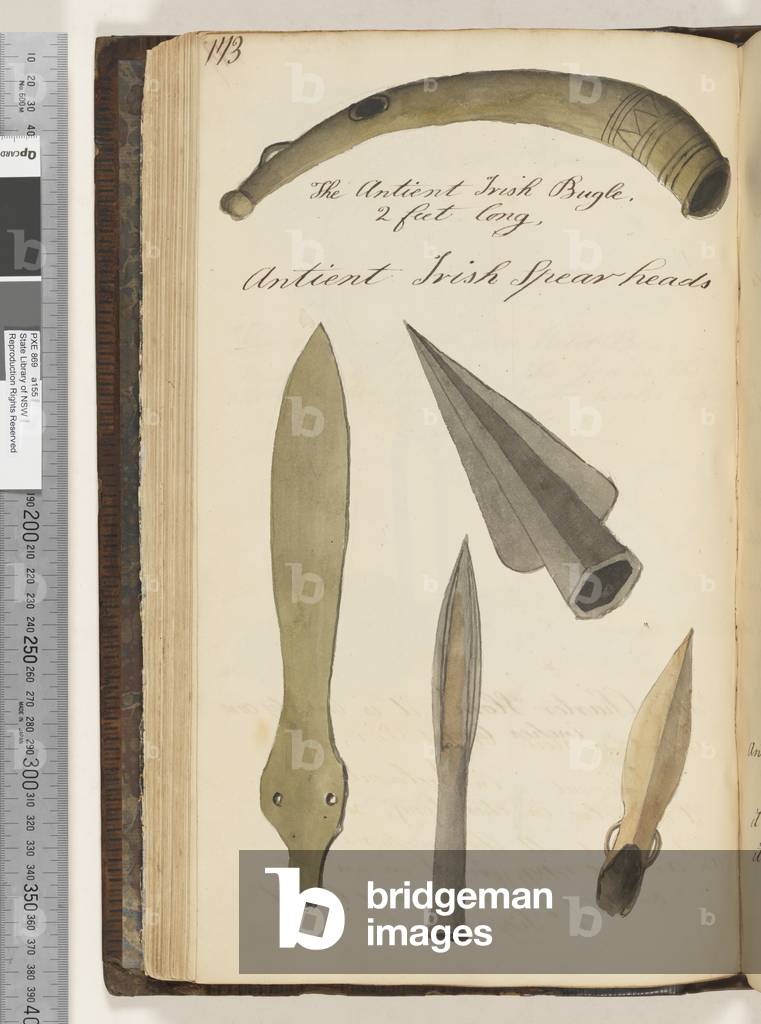 Page 173. The Antient Irish bugle; antient Irish spearheads 4 drawings, 1810-17 (w/c & manuscript text)