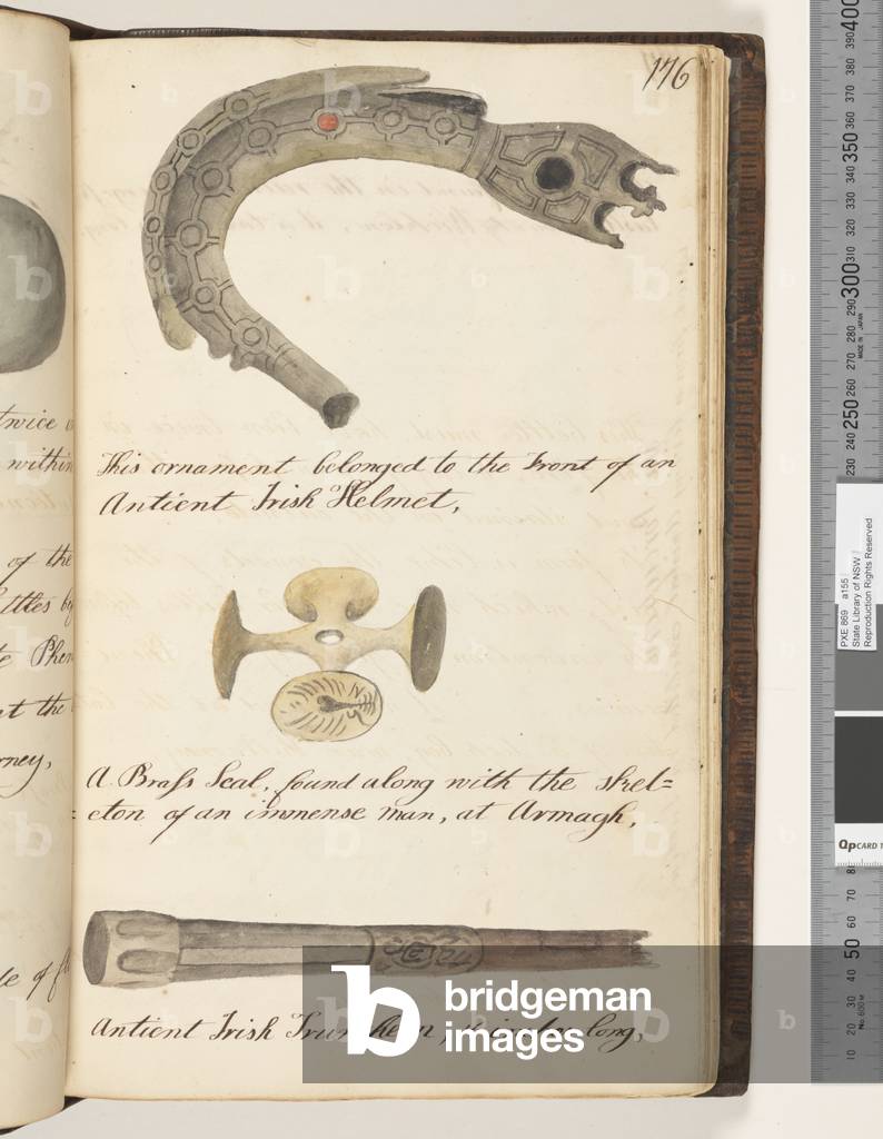 Page 176. This ornament belonged to the front of an antient Irish helmet; a brass seal found along with the skeleton of an immense man; antient Irish truncheon, 1810-17 (w/c & manuscript text)