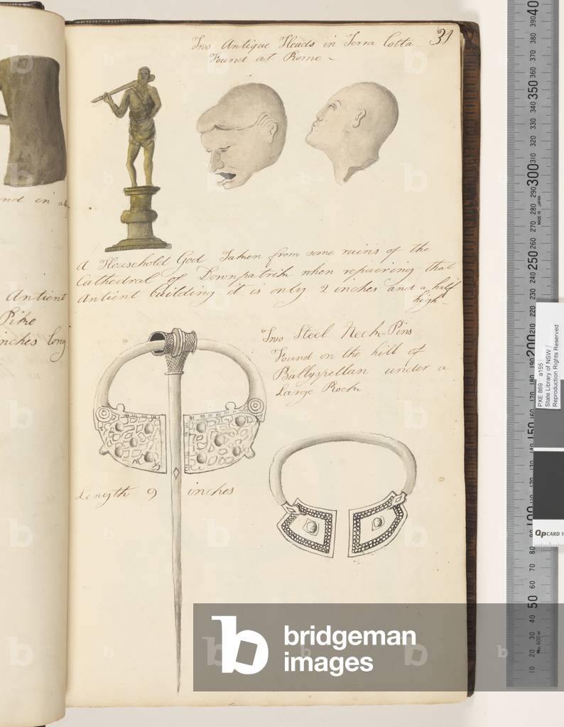 Page 31. Two antique heads in terra cotta; a household god; two steel neck, pins, 1810-17 (w/c & manuscript text)
