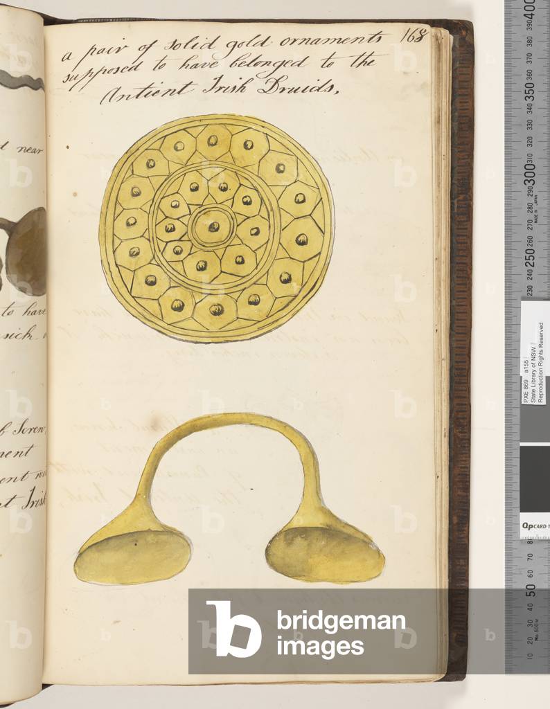 Page 168. A pair of solid gold ornaments supposed to have belonged to the antient Irish Druids, 1810-17 (w/c & manuscript text)