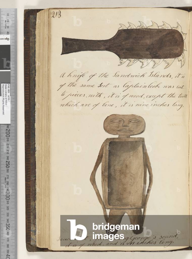 Page 213. A Knife of the Sandwich Islands, it is of the same sort as Captain Cook was cut to pieces with, it is of wood, except the teeth which are of bone, it is nine inches long; sauce boat, from King Georges Sound, 1810-17 (w/c & manuscript text)