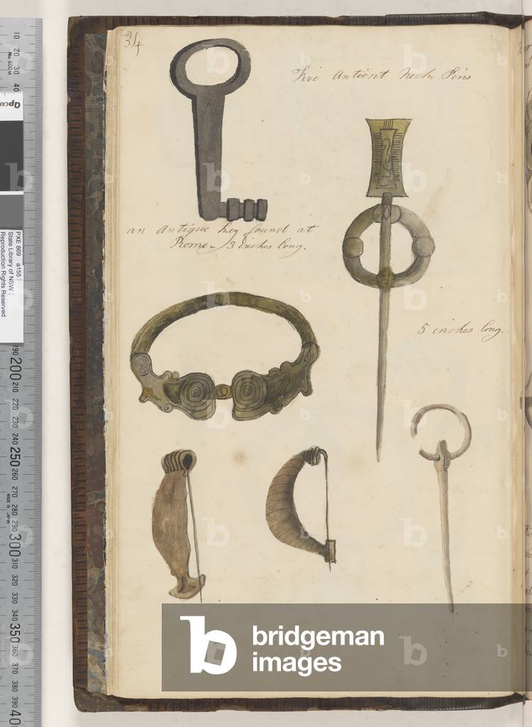 Page 34. An antique key; five antient neck pins, 1810-17 (w/c & manuscript text)