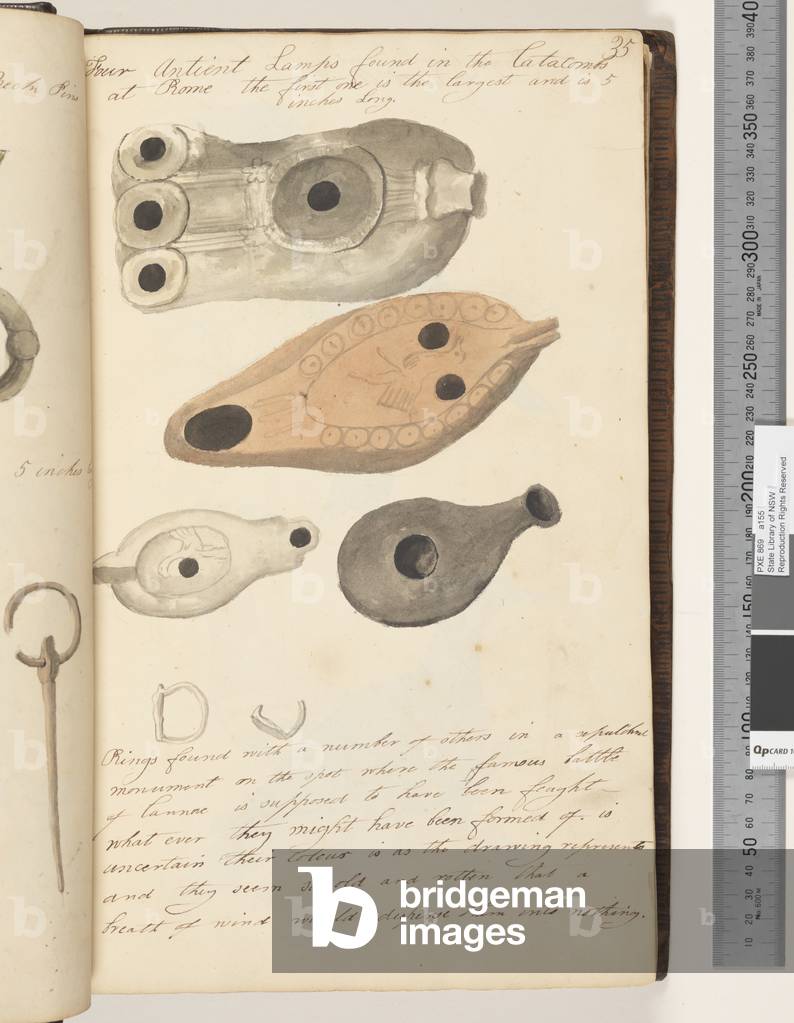 Page 35. Four antient lamps found in the catacombs; rings found with a number of others in a sepulchre monument on the spot where the famous battle of Cannae is supposed to have been, 1810-17 (w/c & manuscript text)