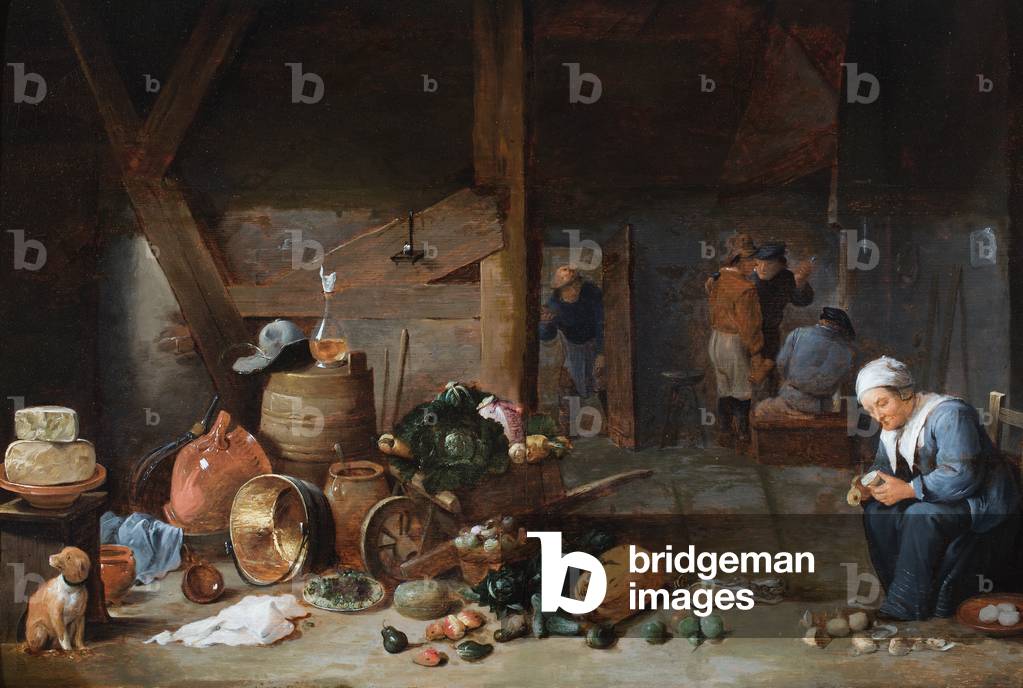 A kitchen interior with a woman preparing vegetables, figures in conversation beyond (oil on panel)