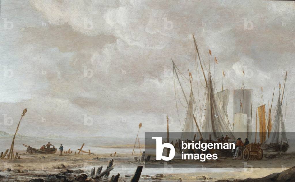 A beach scene with fishing boats drawn up, 1620-76 (oil on panel)
