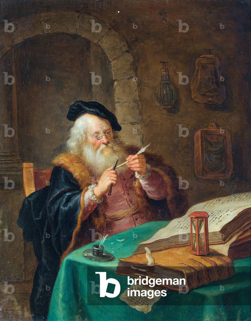 A scholar sharpening his quill (oil on panel)