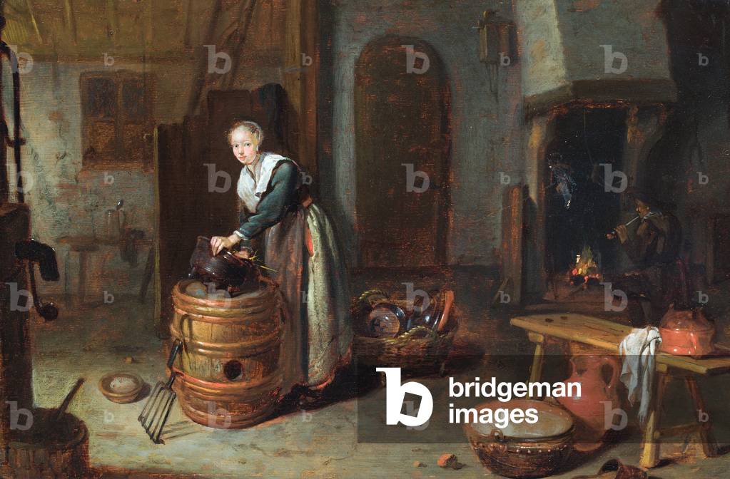 A girl cleaning pots in an interior (oil on panel)