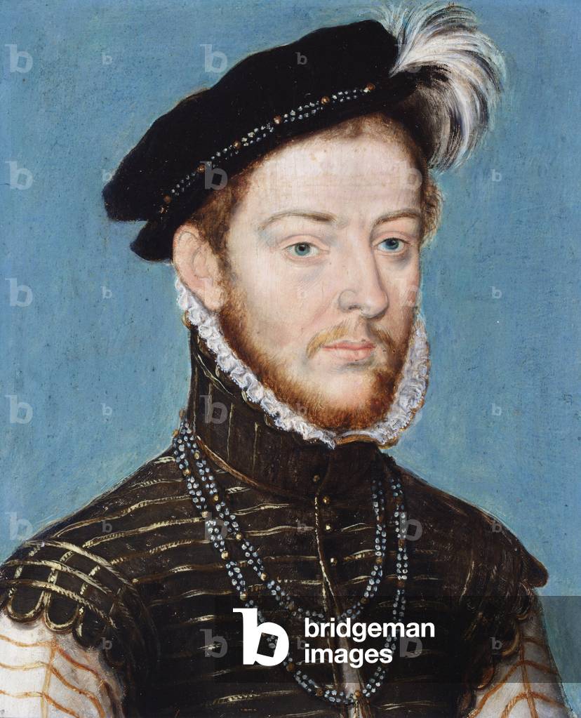 Portrait of a gentleman, head and shoulders, with a high collar, black hat and feathers, 1500-1600 (oil on panel)