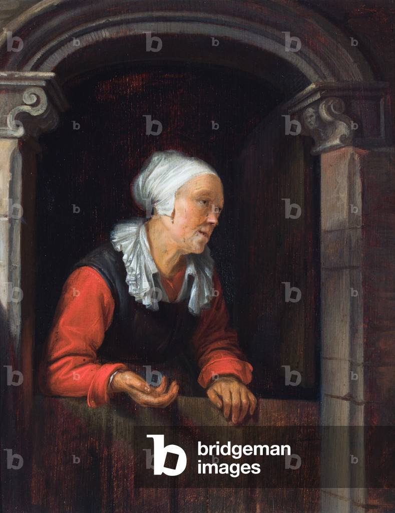 An old lady at a window (oil on panel)