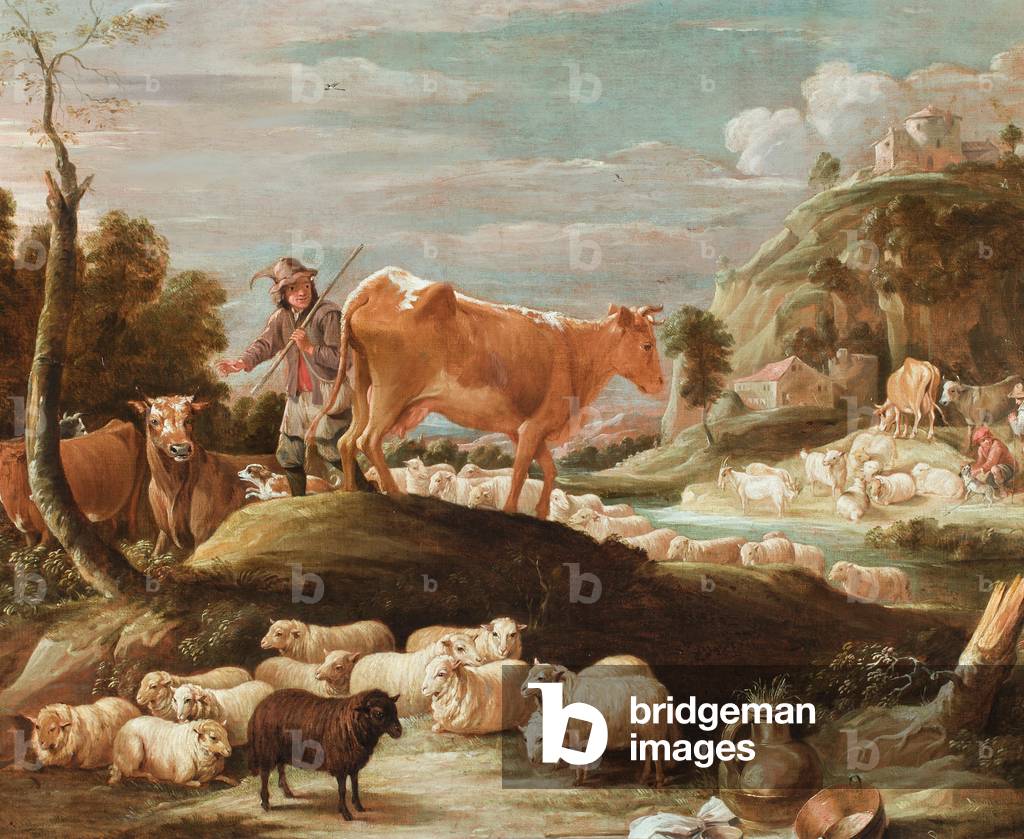 A cowherd with cattle and sheep near a stream (oil on canvas)