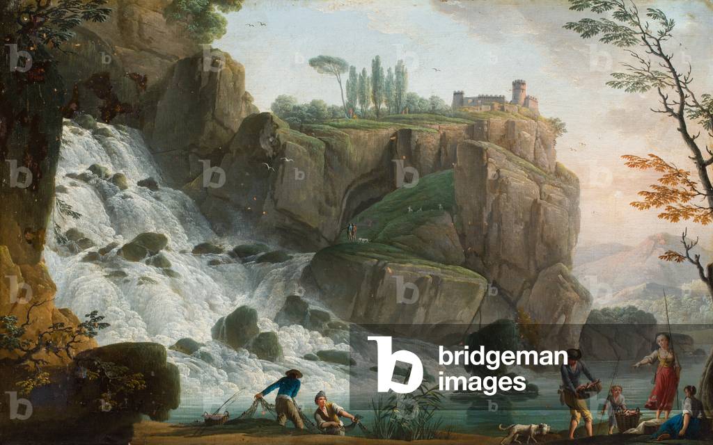 A rocky landscape with figures by a waterfall (oil on canvas)