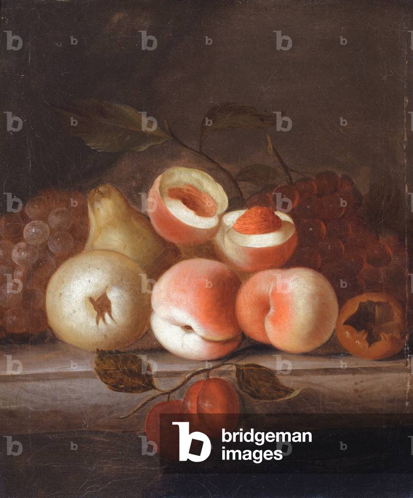 A still life of peaches and other fruit (oil on canvas)