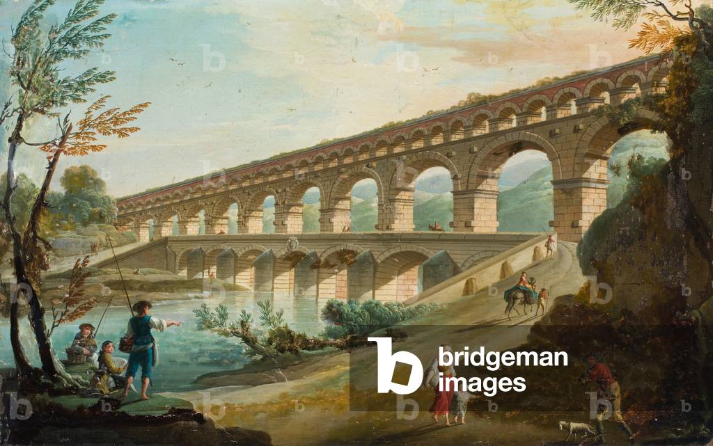 A river landscape with figures on a road beside a double aqueduct (oil on canvas)