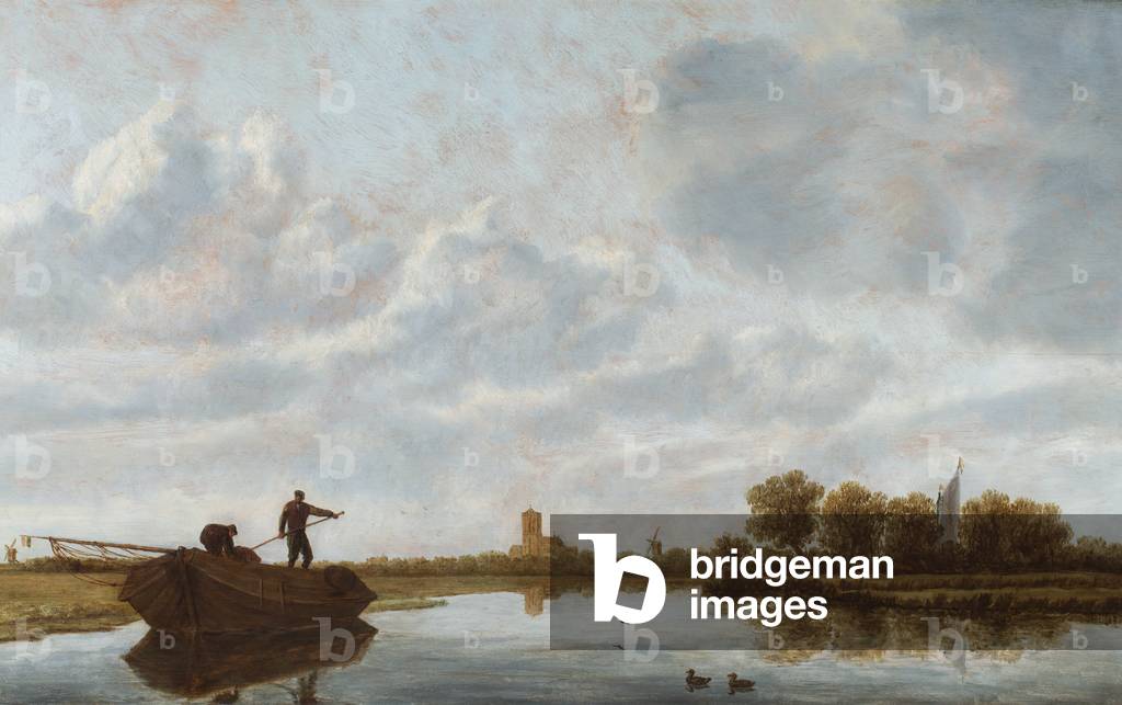 Men on a barge in a river landscape with a distant church (oil on panel)