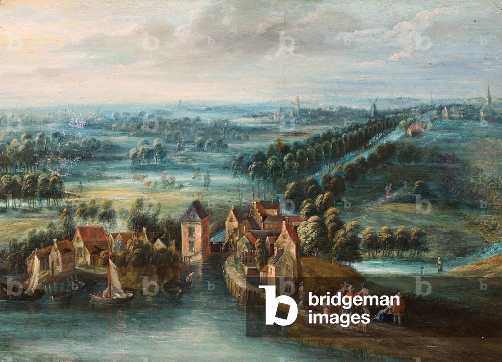 An extensive landscape with a village by a river and figures in the foreground, 1690-1710 (oil on panel)