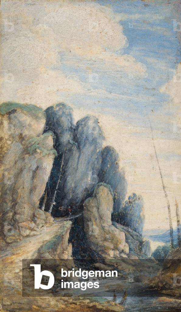 A traveller on a bridge in a rocky river landscape, 1590-1630 (oil on panel)