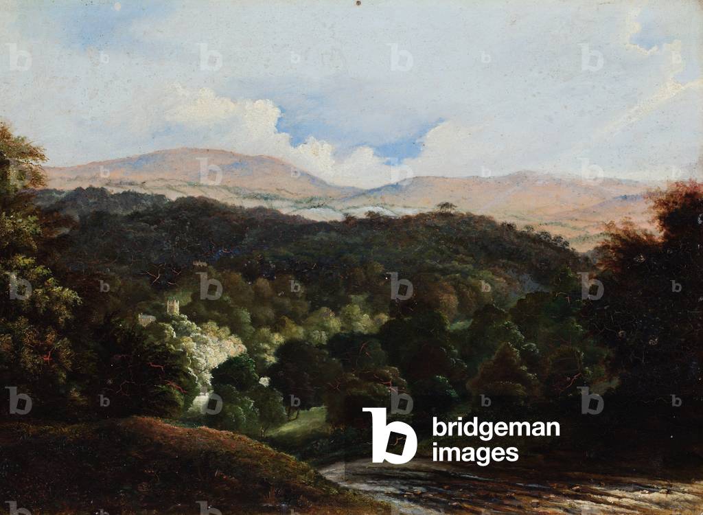 Landscape with buildings in a forest (oil on mill board)