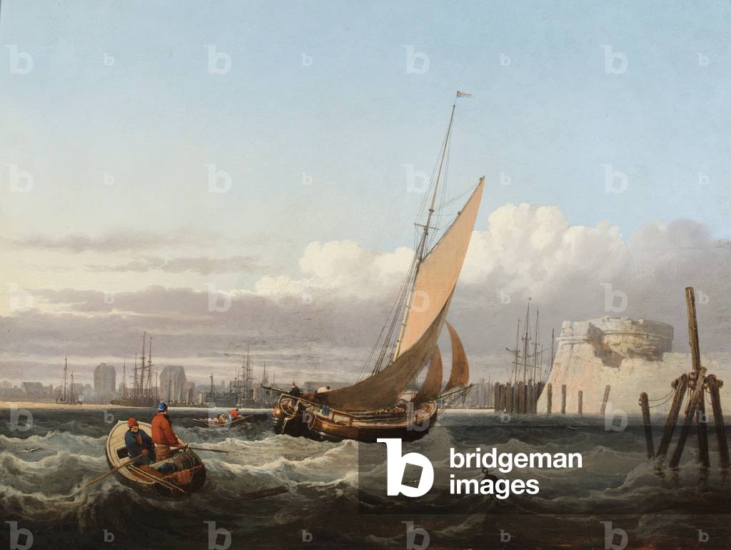 A dockyard lighter turning into Portsmouth harbour (oil on panel)