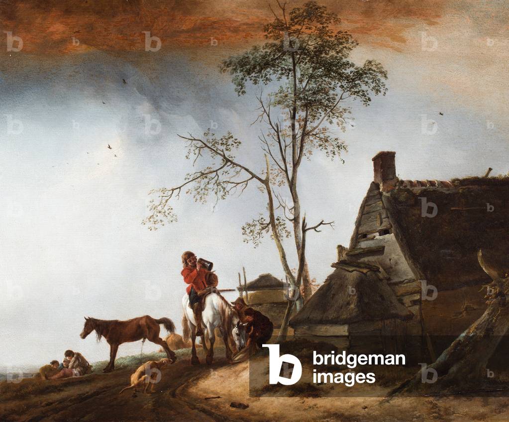 Travellers resting near a cottage with a dog and a horse, 1615-88 (oil on panel)