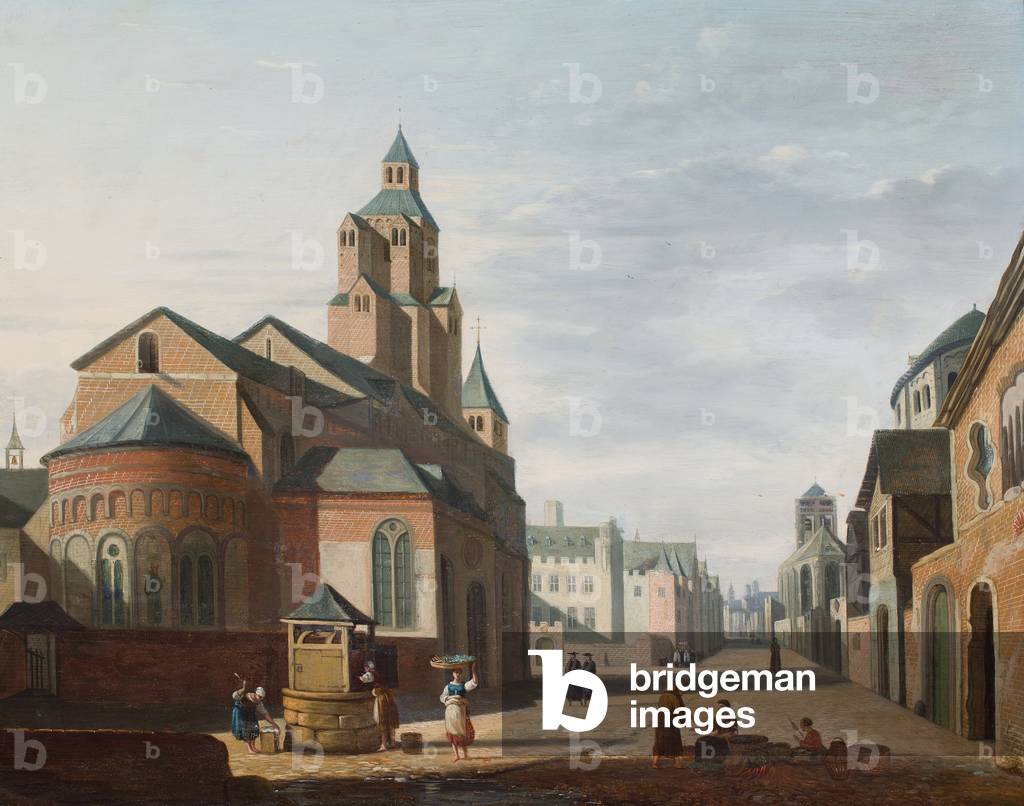 A street scene in Cologne with the church of Saint Cecilia and with figures beside a well (oil on panel)