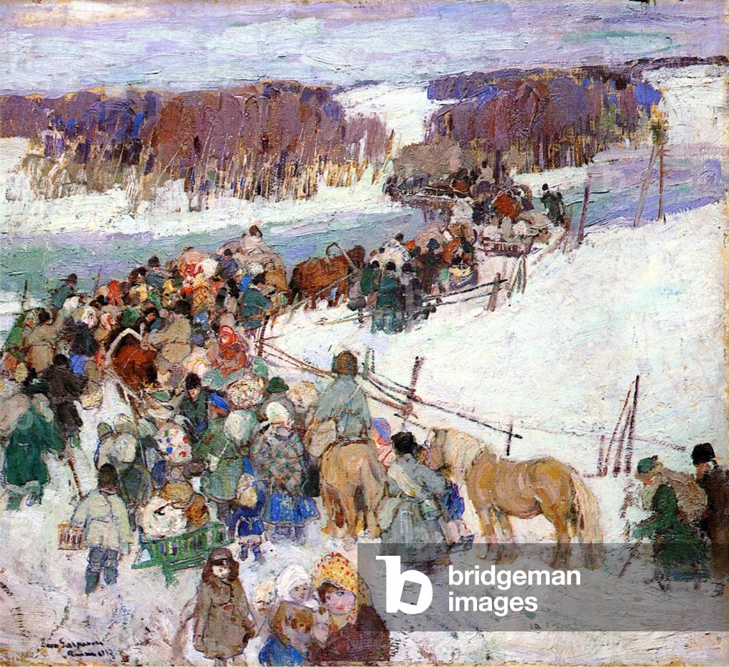 Flucht vor dem Krieg, Polen, 1914 (Öl auf Leinwand an Bord gelegt)