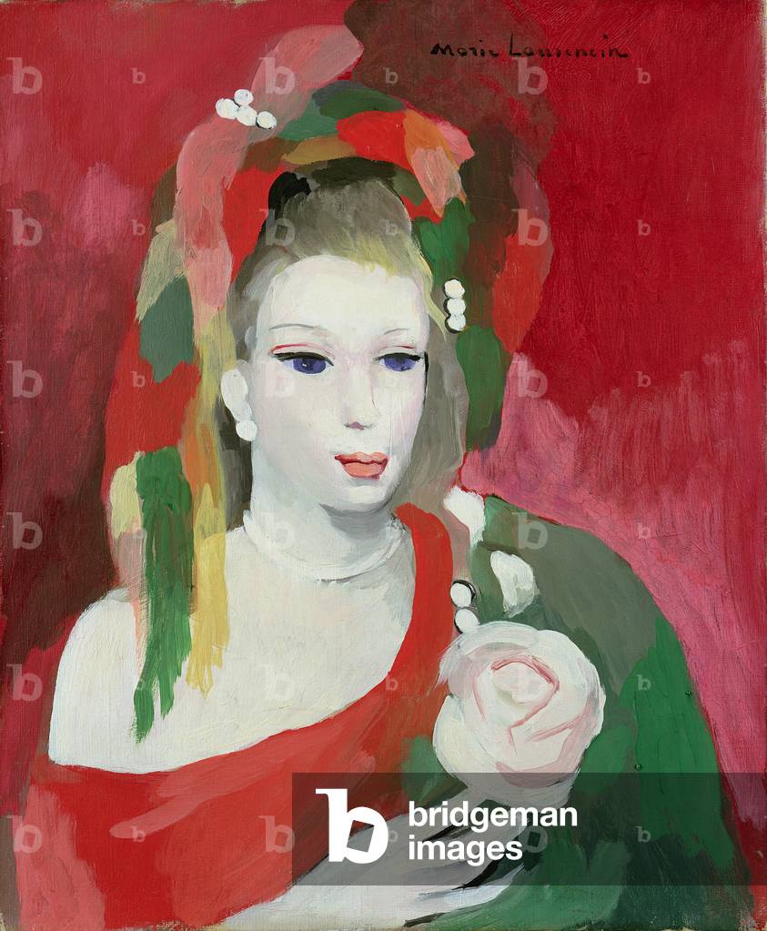 Immagine di Dipinto "giovane donna con una rosa (olio su tela)", 20th Secolo di Marie Laurencin