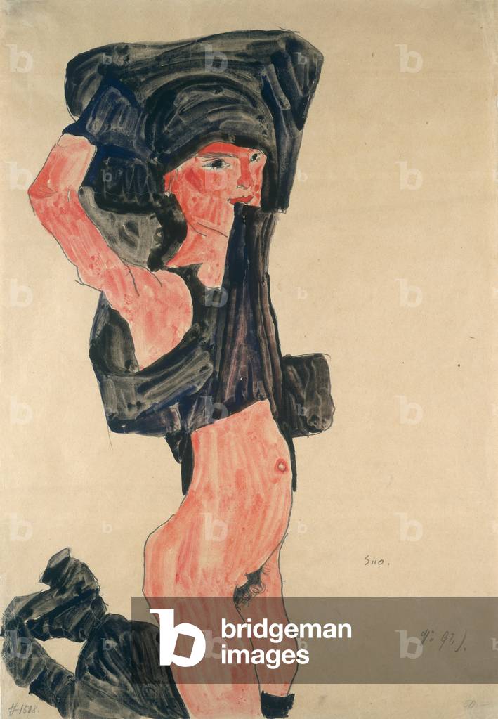 Das knieende Mädchen mit ihrem Kleid, 1910 (Gouache, W/C und Bleistift auf poliertem Papier)