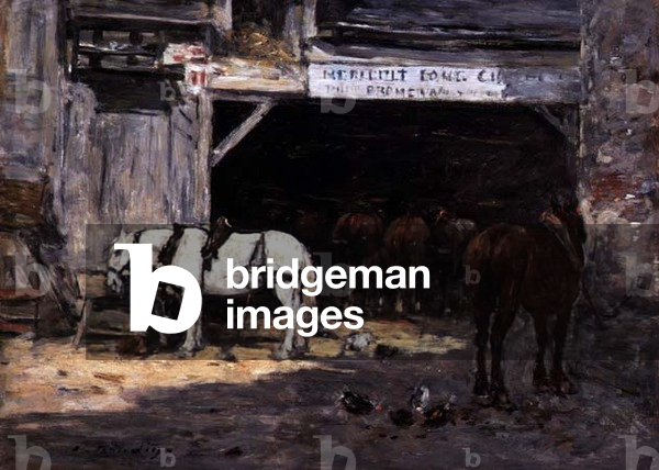 Cavalli a noleggio in un cortile, 1885-90 circa (olio su pannello)