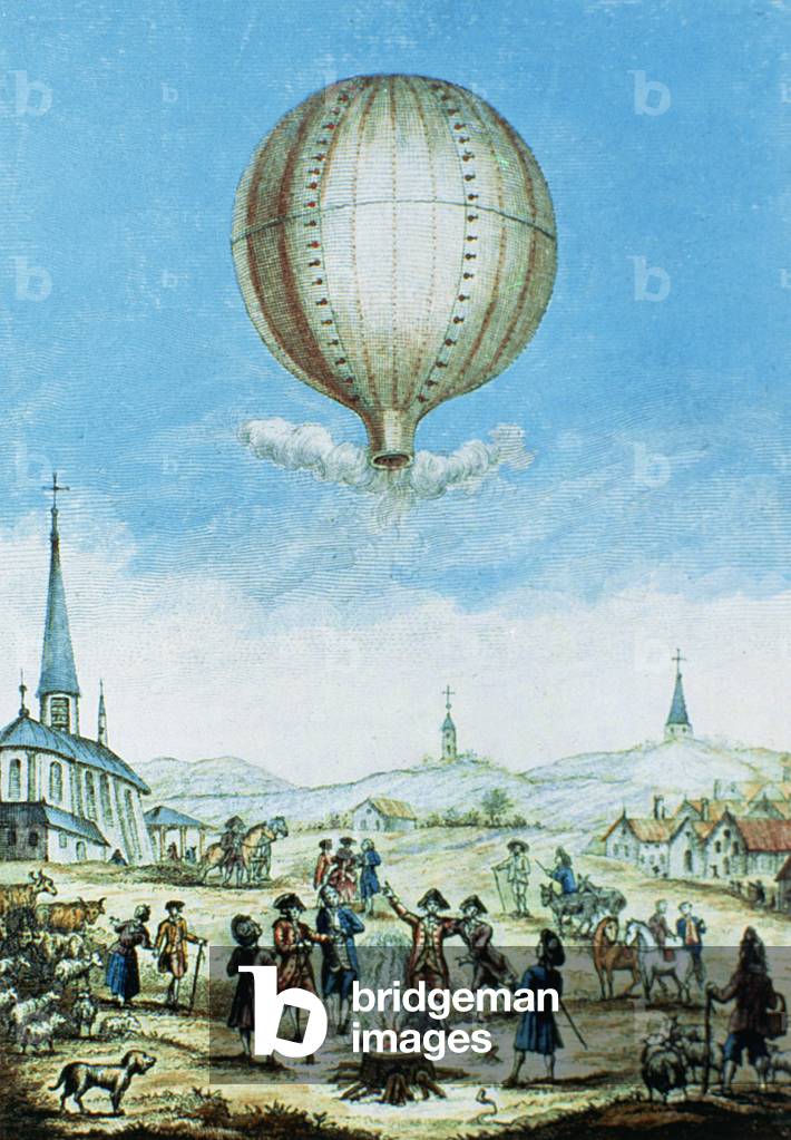 View of Annonay in Vivarais and the first flight of the Montgolfier brother's hot-air balloon in 1783 (colour engraving)