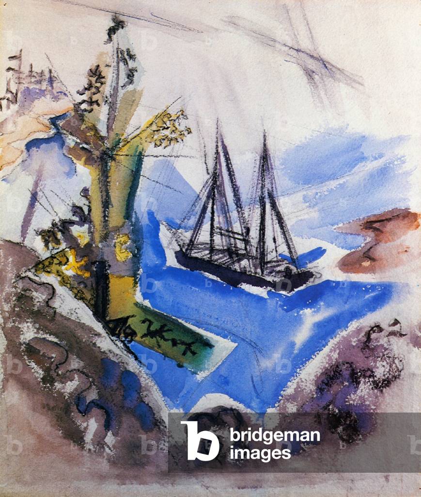 A Schooner and a Tree, 1921 (w/c & black ink on paper)