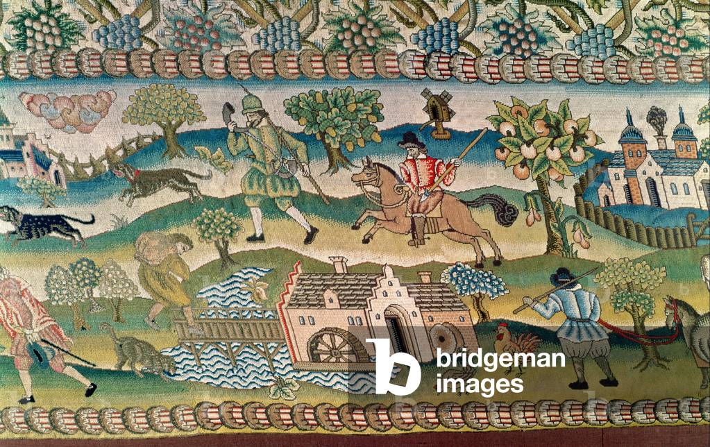 Bradford Table Carpet, detail of scenes of rural life, late 16th century (embroidered on linen canvas with coloured silks)