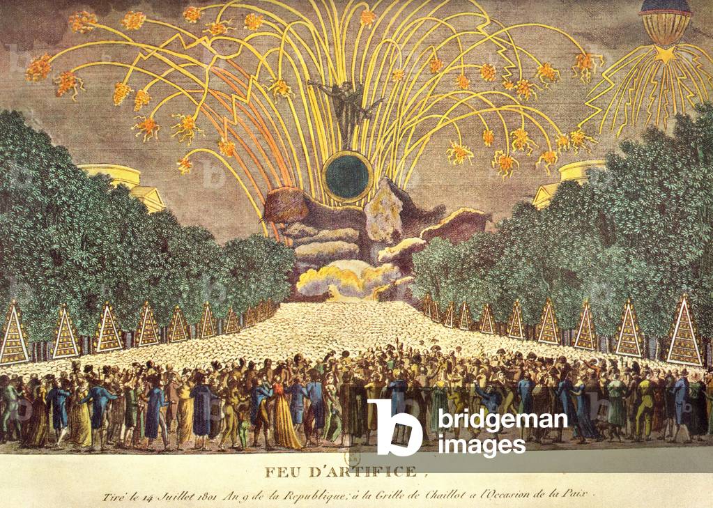 Firework display  at the Grille de Chaillot in Paris to celebrate peace, 14th July 1801 (coloured engraving)