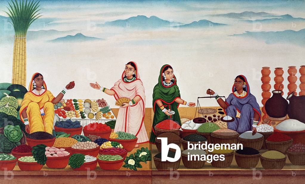 Vegetable and Spice Market at Benares, c.1840 (gouache on paper)