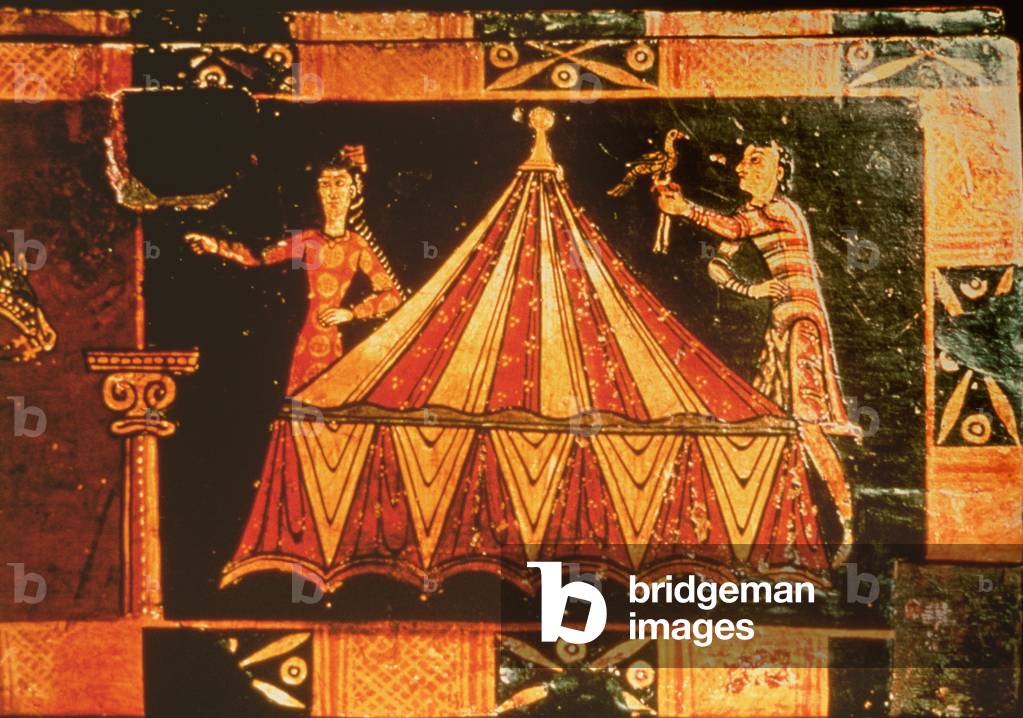 Detail from a wedding chest depicting two figures by a tent (painted vellum on wood)