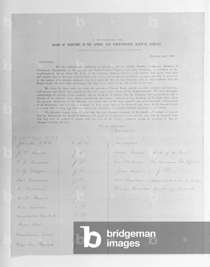 Petition to the Directors of the London and North-Western Railway Company on behalf  of an employee dismissed due to failing eyesight, 1861