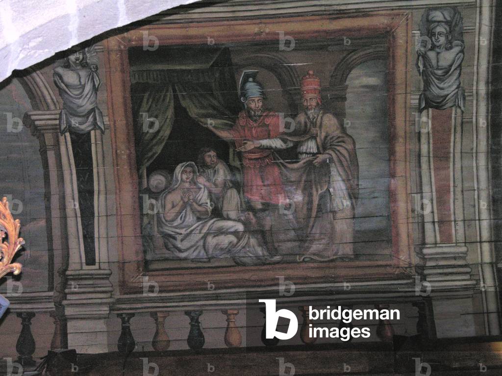 St. Cornely performing a miracle (painted wood)