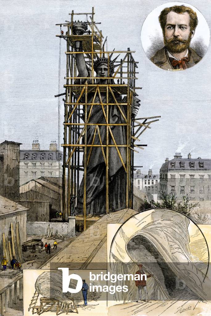 United States, New York City: Packaging of the statuede of the Liberte made by Frederic Auguste Bartholdi in scaffolding to transport it from Paris to America, 1884. Colour engraving of the 19th century.