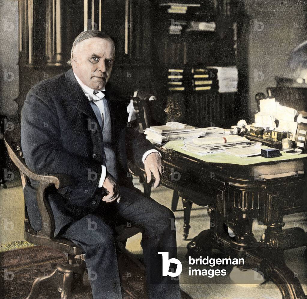 Portrait of American President William McKinley (1843-1901) in his office at the White House in 1898.