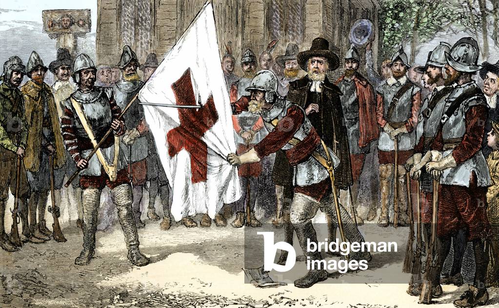United States, Massachusetts: John Endicott tearing the cross of the king's banner in the Bay of Massachusetts Colony, years 1600. Colour engraving of the 19th century.