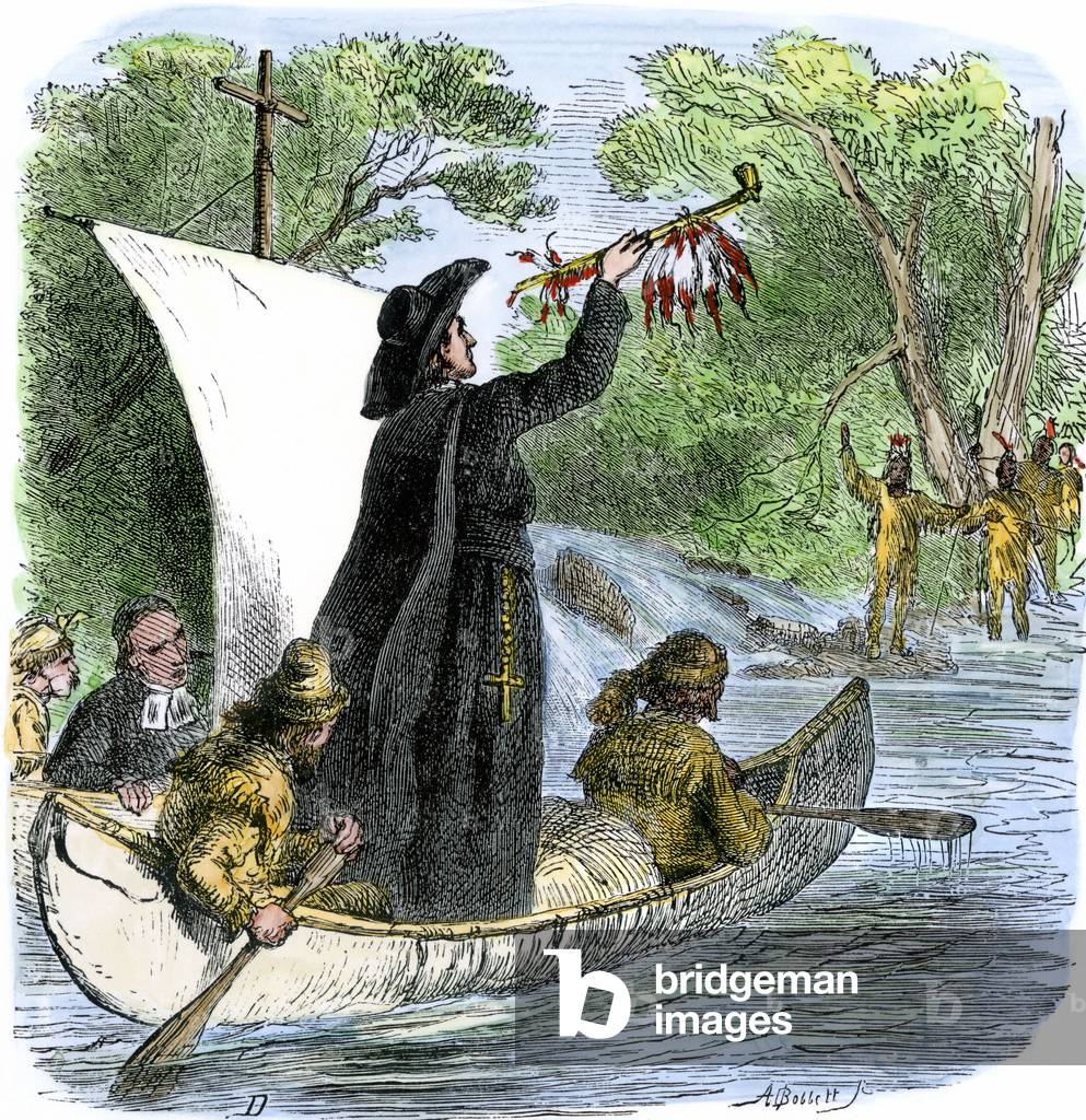 Father Jacques Marquette (1637-1675) French explorer and missionary Jesuite, brandising the peace pipe to greet the Indians of America during his voyage north of the Mississippi, 1673. Colouring engraving of the 19th century.