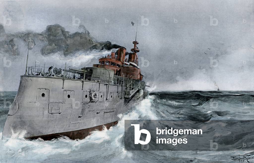 US battleship “” Indiana”” in sea trials, 1895 - Hand-colored halftone reproduction of a 19th-century illustration)