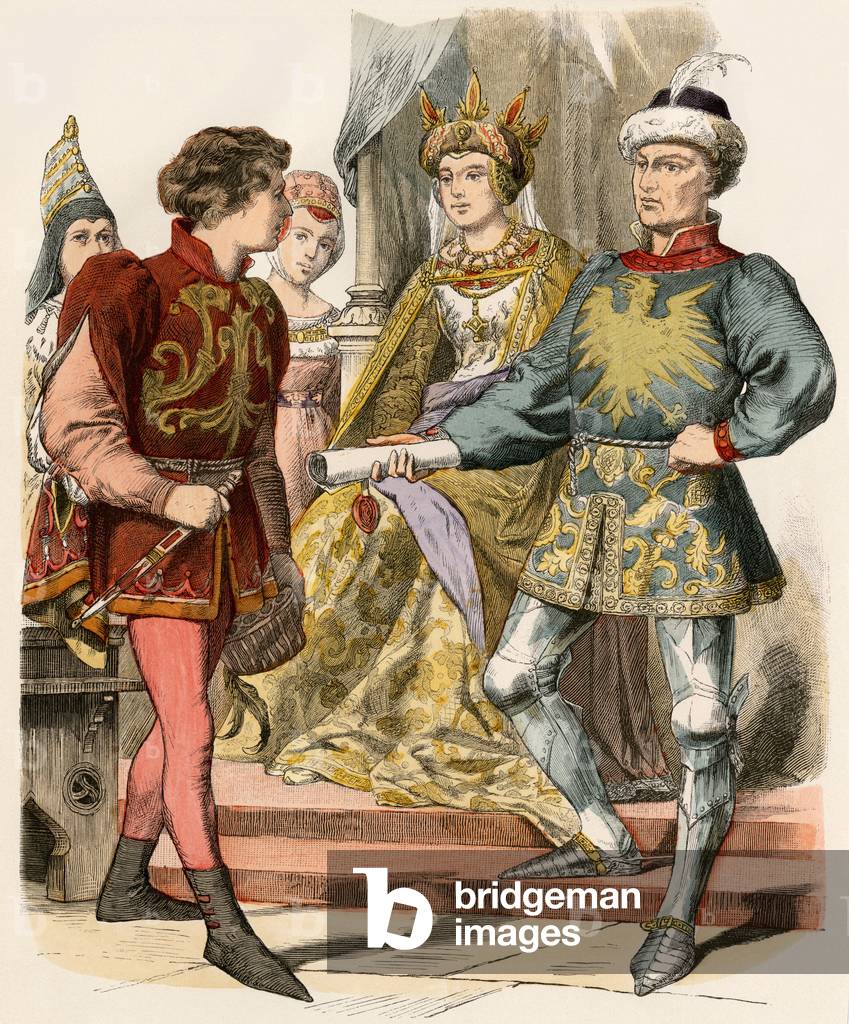Young man of the nobility of the Duche of Burgundy (France), 15th century. Old engraving, colour setting.