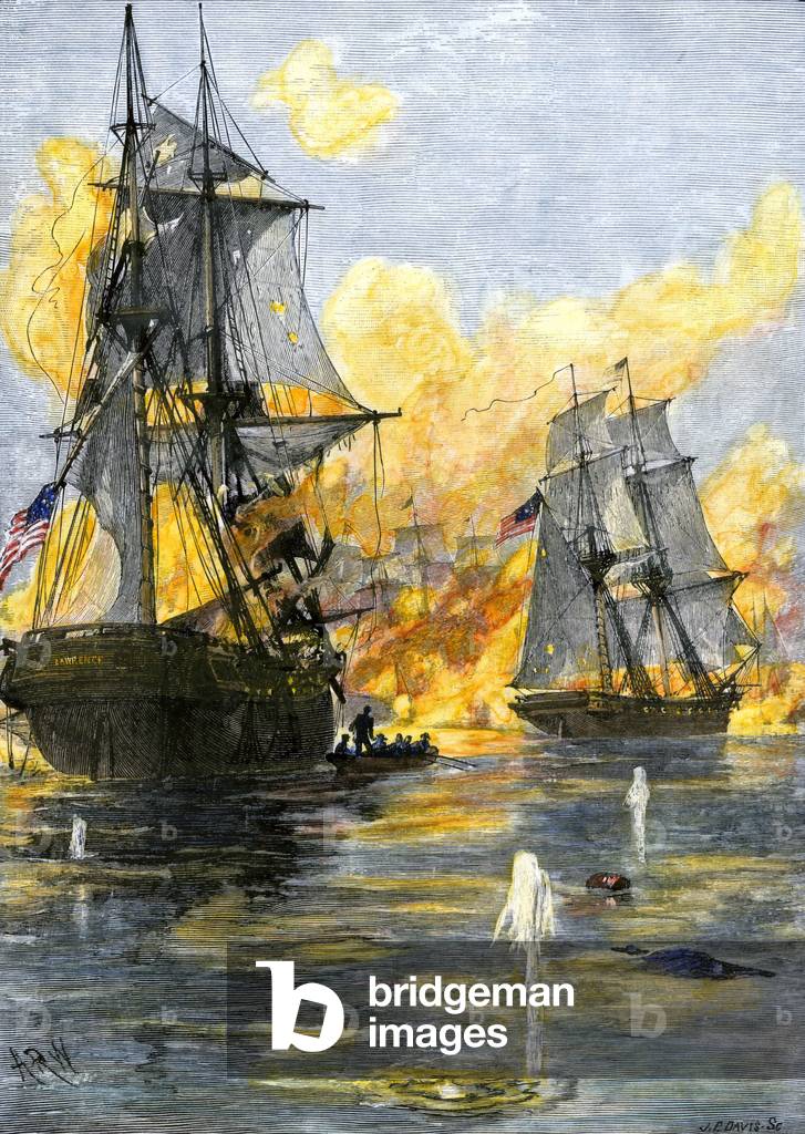 War of 1812: American Fleet of Officer Oliver Hazard Perry (1785-1819) in his victory over the English over Lake Erie (Great Lakes region) in 1813. Colouring engraving of the 19th century.